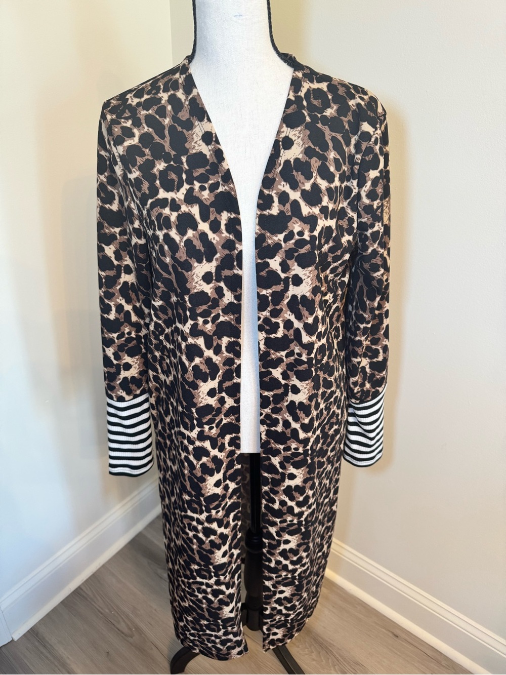Leopard Print Longline Cardigan with Striped Cuffs - Black & Tan